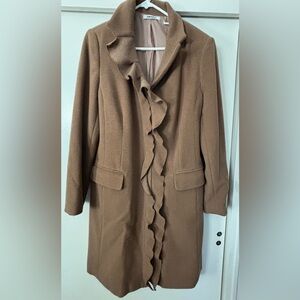 DKNY Brown Ruffle Wool Blend Trench Coat Women’s M